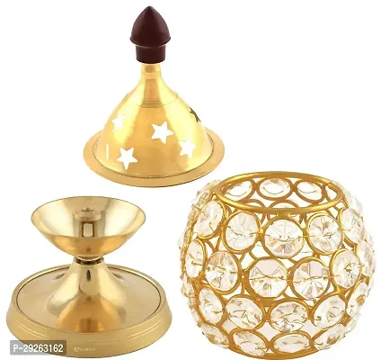 Gold-Toned  Transparent Crystal  Brass Akhand Diya