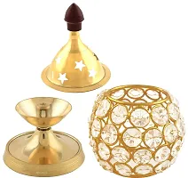 Gold-Toned  Transparent Crystal  Brass Akhand Diya-thumb1