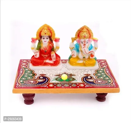 Handcrafted Lakshmi Ganesh ji Marble Idol with Choki  for Home Decoration (White) (L-15cm, B-8cm, H-8cm)