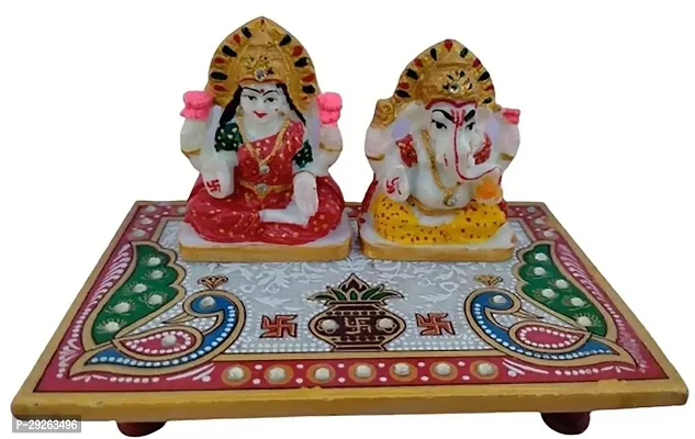 White Marble Multicolour Laxmi Ganesh Idol with Chowki God Idol for Pooja Purpose (L-15cm, B-8cm, H-8cm)