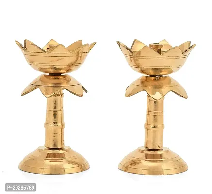 2 Brass Lotus Shape Stand Diya Set for Puja Temaple Decoration (Size 3.8 Inch, 2Pcs)-thumb2