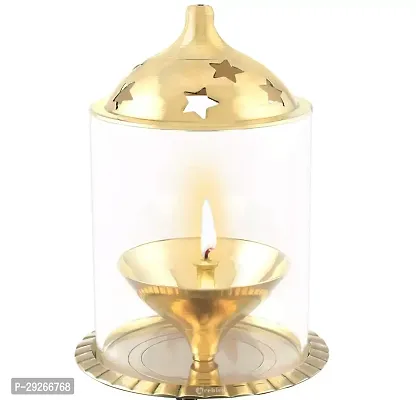 Akhand Diya Decorative Brass  Glass Oil Lamp Tea Light Holder Lantern, Borosilicate Glass Cylinderical Shaped-thumb0