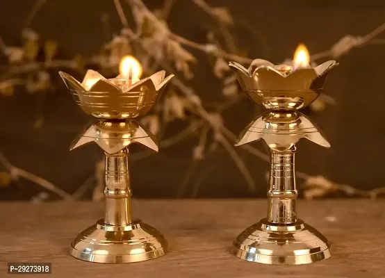 Pure Brass Diya for Puja Temaple Decoration, Lotus Shape Pillar Diya Stand Oil Lamp (Size 3.8 Inch, 2Pcs)