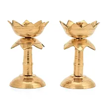 Pure Brass Diya for Puja Temaple Decoration, Lotus Shape Pillar Diya Stand Oil Lamp (Size 3.8 Inch, 2Pcs)-thumb1