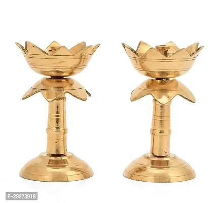 Pure Brass Diya for Puja Temaple Decoration, Lotus Shape Pillar Diya Stand Oil Lamp (Size 3.8 Inch, 2Pcs)-thumb2