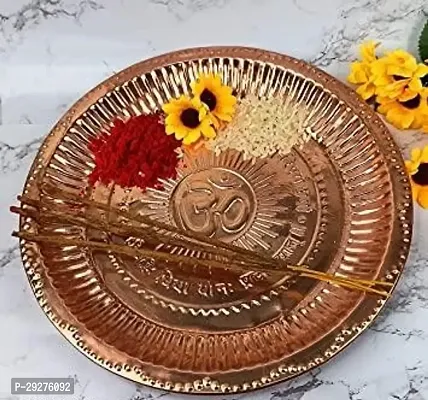 Copper Pooja Plate Religious God Aarti Puja Decorative Plate with OM Symbol and Gayatri Mantra-thumb0