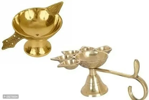 Combo of 5 Face Puja Camphor Burner Lamp Panch Aarti Jyoti with Brass Akhand Laxmi Deepak Pital Diya Brass (Pack of 2) Table Diya Set (Height: 2.3 inch)