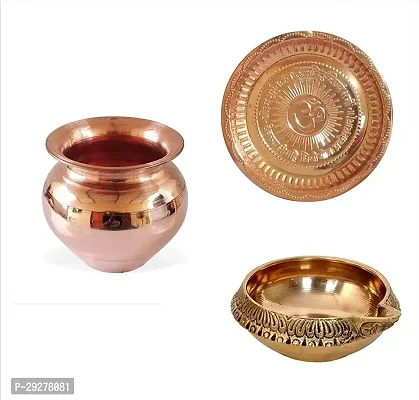 Pooja aarti combo set om design thali/plate with lota/ diya oil Lamp copper finish 3 pcs