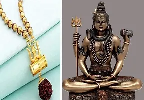 Mahakal Locket with Rudraksha Mala, Golden Om Trishul Damru  With Brown Shiv Idol Shiv Ji Sitting Position Shiv Ji Mandir Pooja-thumb1