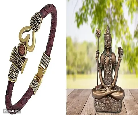 Trishul Damru OM Rudraksha Beads Gold Plated Leather Bracelet With Idol Shiv Ji Shanakar Bhagwan Ji Resin Murti Idol Statue Home Decor Decorative Item