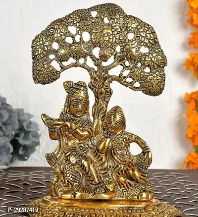 Metal Radha Krishna Sitting Under Tree Idol Showpiece Figurine, Height 17 CM, Gold Antique Finish-thumb0