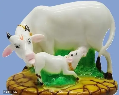 Handmade Polyresin Kamdhenu Cow and Calf Showpiece Idol for Home Off-White, 1 Piece-thumb0