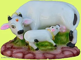 Handmade Polyresin Kamdhenu Cow and Calf Showpiece Idol for Home Off-White, 1 Piece-thumb1