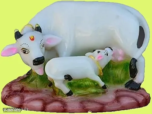 Handmade Polyresin Kamdhenu Cow and Calf Showpiece Idol for Home Off-White, 1 Piece-thumb2