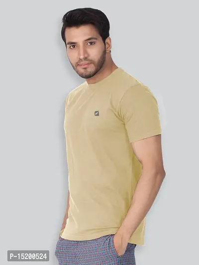 Reliable Khaki Cotton Blend Solid Round Neck Tees For Men-thumb3