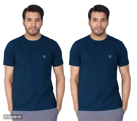 Reliable Blue Cotton Blend  Round Neck Tees For Men Pack Of 2-thumb0