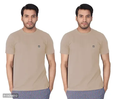 Reliable Beige Cotton Blend  Round Neck Tees For Men Pack Of 2