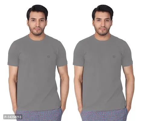 Reliable Grey Cotton Blend  Round Neck Tees For Men Pack Of 2-thumb0