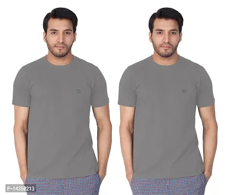 Reliable Grey Cotton Blend  Round Neck Tees For Men Pack Of 2