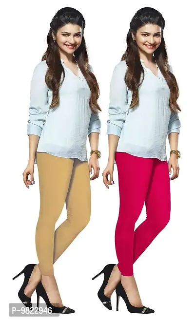 LUX LYRA Women's Ankle Length Leggings (Beige and Rani, Free Size) - Set of 2