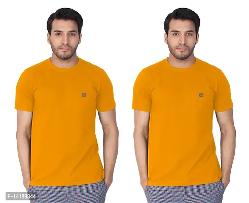 Reliable Orange Cotton Blend Solid Round Neck Tees For Men- Pack Of 2-thumb0