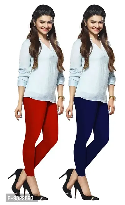 Lyra Women's Cotton Slim Ankle Length Leggings (Red & Royal Blue, Free Size)-Pack of 2