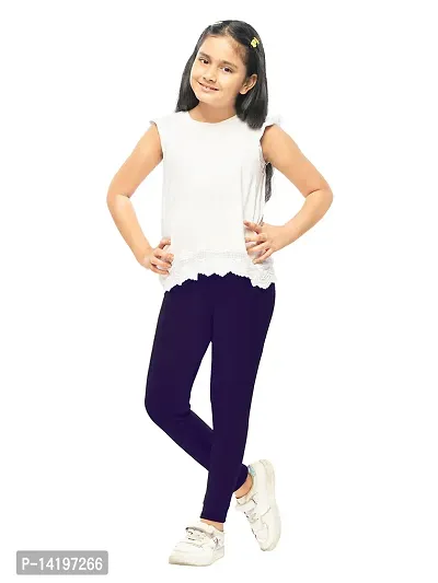 Stylish Navy Blue Cotton Solid Leggings For Girls
