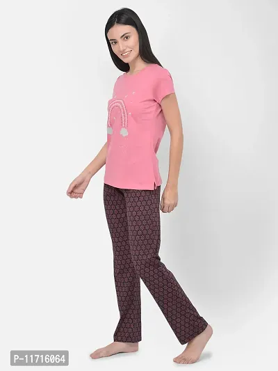 Comfortable Cotton Pink Printed Round Neck Short Sleeves Top With Pajama Set For Women-thumb3