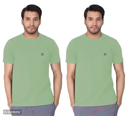 Reliable Green Cotton Blend Solid Round Neck Tees For Men- Pack Of 2