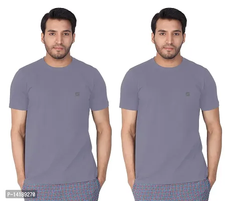 Reliable Grey Cotton Blend Solid Round Neck Tees For Men- Pack Of 2