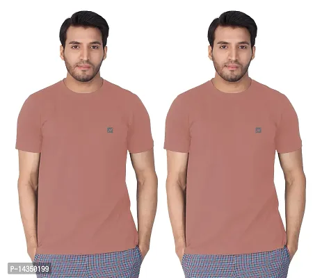 Reliable Peach Cotton Blend  Round Neck Tees For Men Pack Of 2