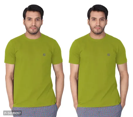 Reliable Green Cotton Blend Solid Round Neck Tees For Men- Pack Of 2