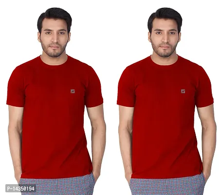 Reliable Red Cotton Blend  Round Neck Tees For Men Pack Of 2