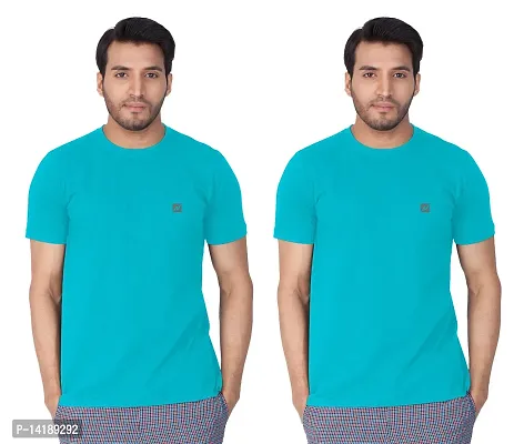 Reliable Blue Cotton Blend Solid Round Neck Tees For Men- Pack Of 2