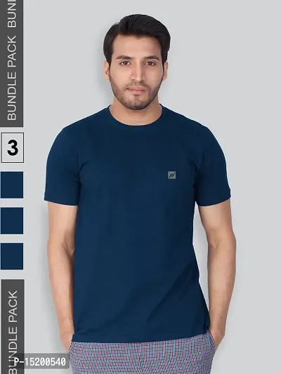 Reliable Navy Blue Cotton Blend Solid Round Neck Tees For Men