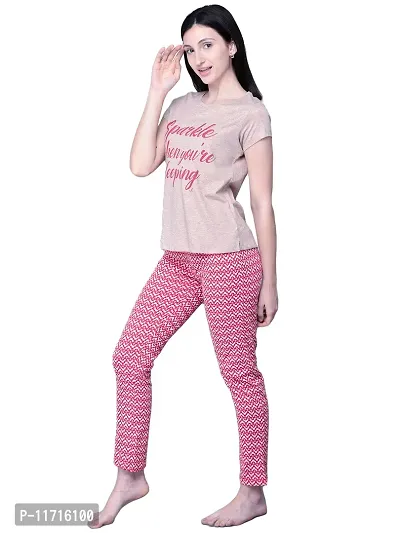 Comfortable Cotton Beige Printed Round Neck Short Sleeves Top With Pajama Set For Women-thumb3