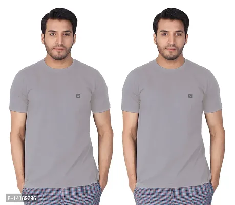 Reliable Grey Cotton Blend Solid Round Neck Tees For Men- Pack Of 2