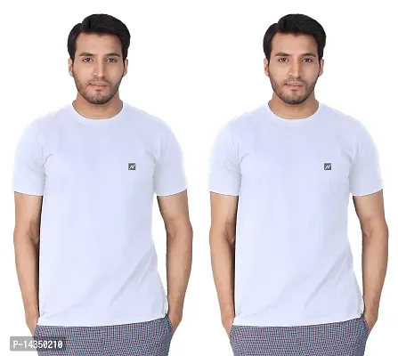 Reliable White Cotton Blend  Round Neck Tees For Men Pack Of 2