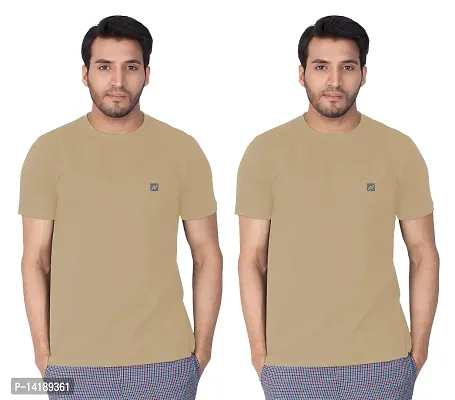 Reliable Beige Cotton Blend Solid Round Neck Tees For Men- Pack Of 2