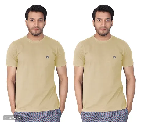 Reliable Beige Cotton Blend  Round Neck Tees For Men Pack Of 2-thumb0