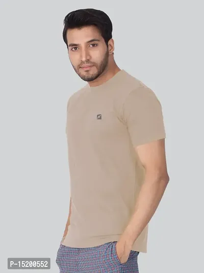 Reliable Beige Cotton Blend Solid Round Neck Tees For Men-thumb3