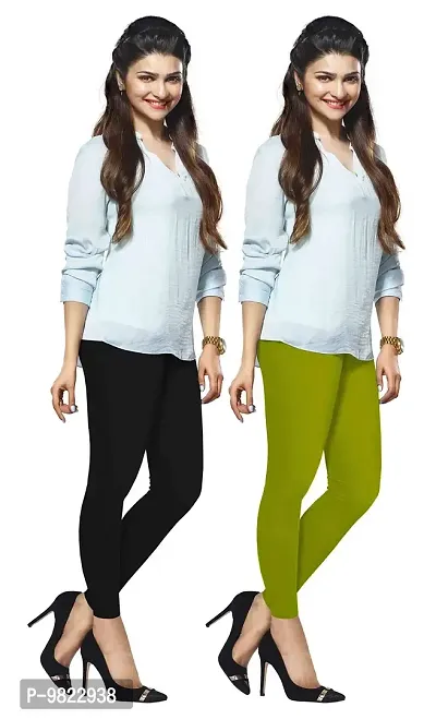 LUX LYRA Women's Cotton Ankle Length Leggings (Black and Parrot Green, Free Size) - Pack of 2