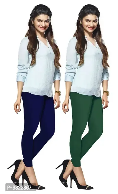 LUX LYRA Women's Cotton Ankle Length Leggings (LYRA_AL_67_51_FS_2PC, Royal Blue & Pak Green, Free Size) -Pack of 2