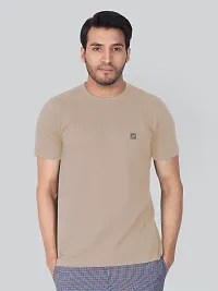 Reliable Beige Cotton Blend Solid Round Neck Tees For Men-thumb1