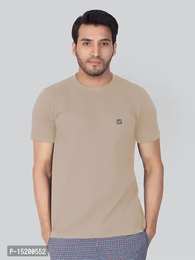 Reliable Beige Cotton Blend Solid Round Neck Tees For Men-thumb2