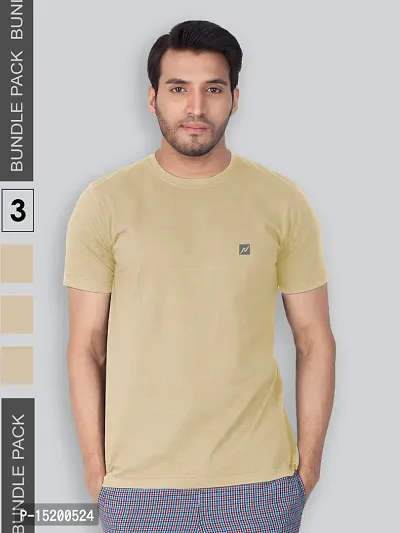 Reliable Khaki Cotton Blend Solid Round Neck Tees For Men-thumb0