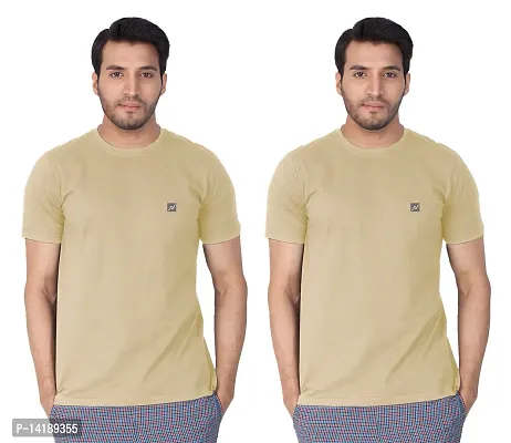 Reliable Beige Cotton Blend Solid Round Neck Tees For Men- Pack Of 2-thumb0