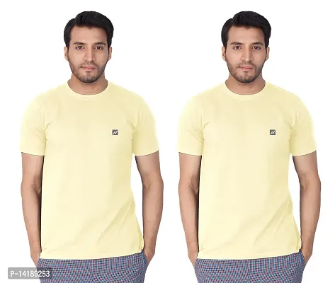 Reliable Yellow Cotton Blend Solid Round Neck Tees For Men- Pack Of 2-thumb0