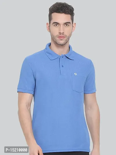Men Solid Polo Neck Bright Blue T-shirt With Pocket-thumb0
