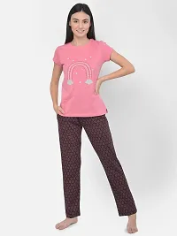 Comfortable Cotton Pink Printed Round Neck Short Sleeves Top With Pajama Set For Women-thumb1